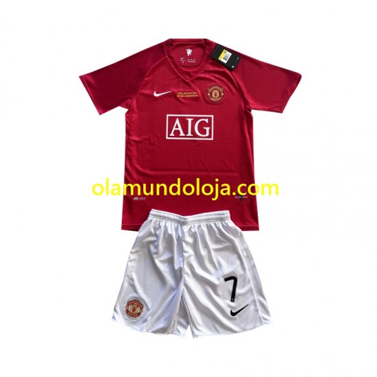 Camisola Manchester United Cristiano Ronaldo 7 Champion League 2007 Retro Criança Equipamento Primeiro Manga Curta